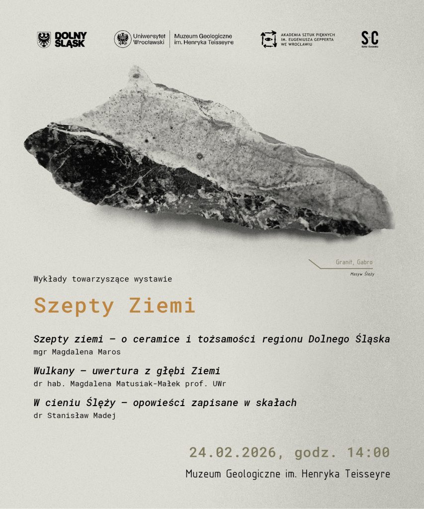 Plakat promujący wykłady towarzyszące wystawie "Szepty Ziemi"
